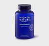 Blue bottle of Higher Nature MSM Powder on a light gray background