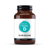 A bottle of Viridian Organic Vitamin D2 with 60 capsules, presented in a brown glass jar with a black and white label indicating the product details and brand.