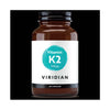 A bottle of Viridian Nutrition Vitamin K2 100ug, containing 60 vegan capsules, with a label showing the product name and amount of vitamin K2.
